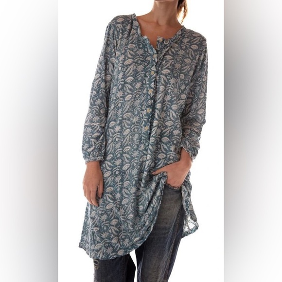 New! Magnolia Pearl Blue Birch Patterned Button Down Tunic 💙 RARE! Onesize - Picture 2 of 15